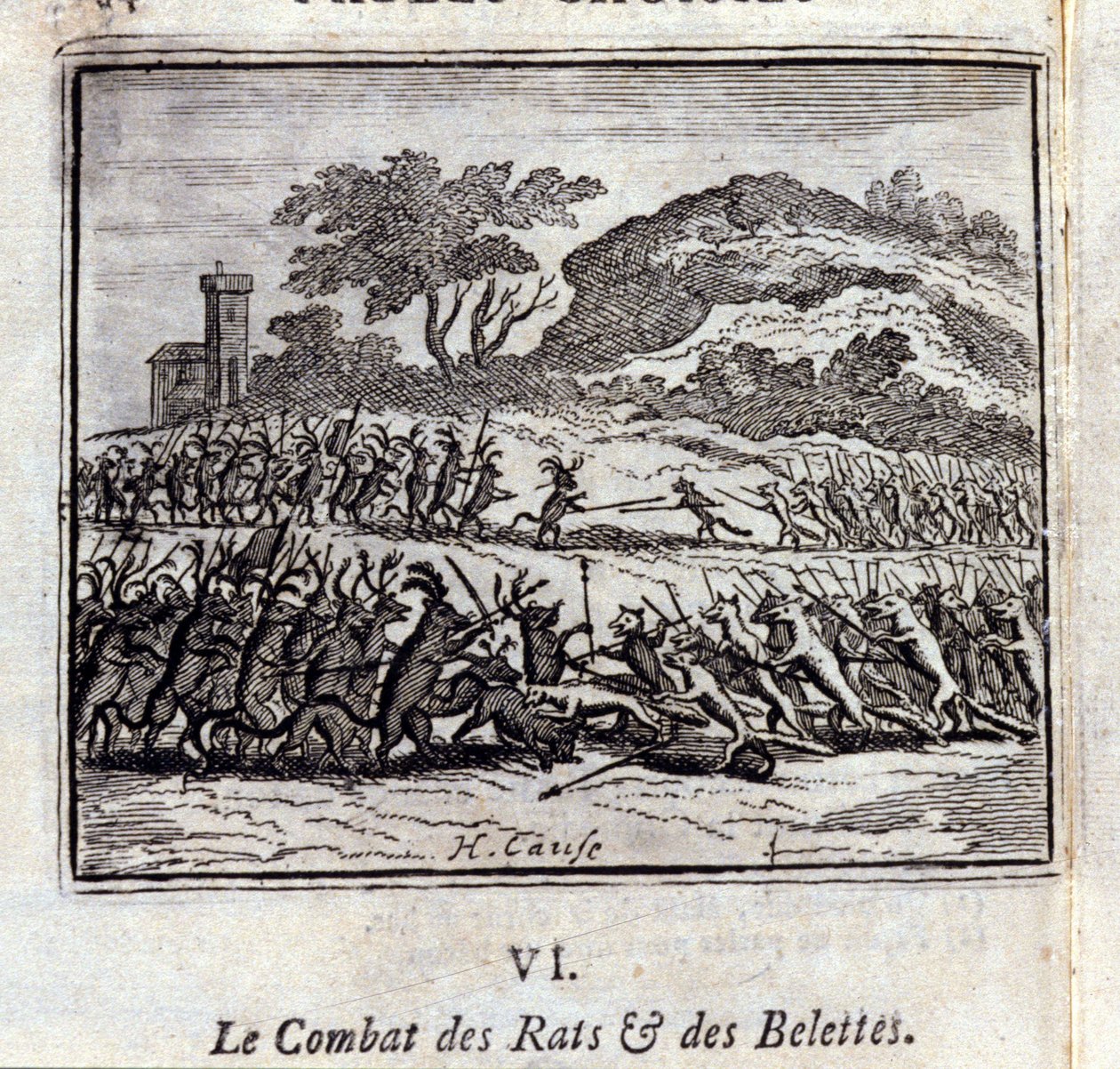 老鼠和黄鼠狼之战。Jean de La Fontaine (1621-95)的寓言。插图：François Chauveau（1613-1676）。1728年的版本。 作者 弗朗索瓦·夏维