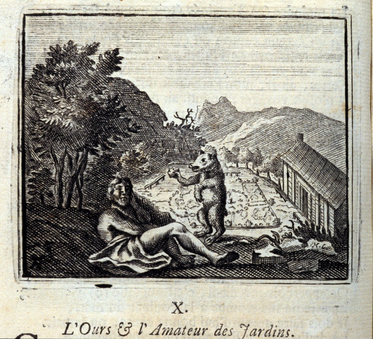 熊和花园里的业余爱好者。Jean de La Fontaine (1621-95)的寓言。插图：François Chauveau（1613-1676）。1728年的版本。 作者 弗朗索瓦·夏维