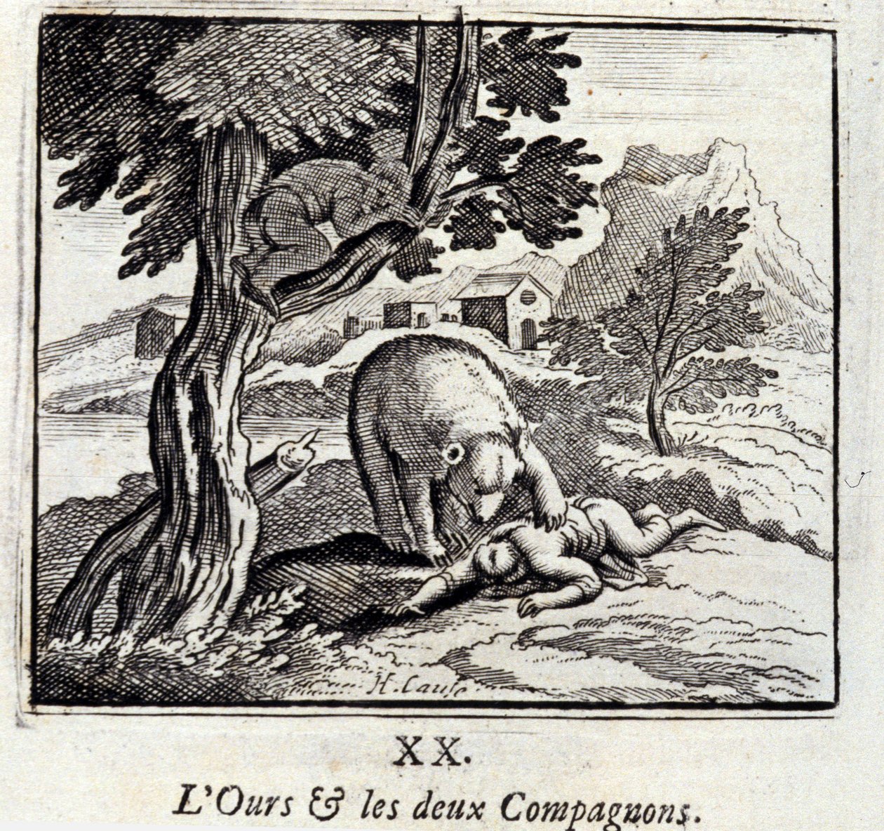 熊和两个同伴。Jean de La Fontaine (1621-95)的寓言。插图：François Chauveau（1613-1676）。1728年的版本。 作者 弗朗索瓦·夏维
