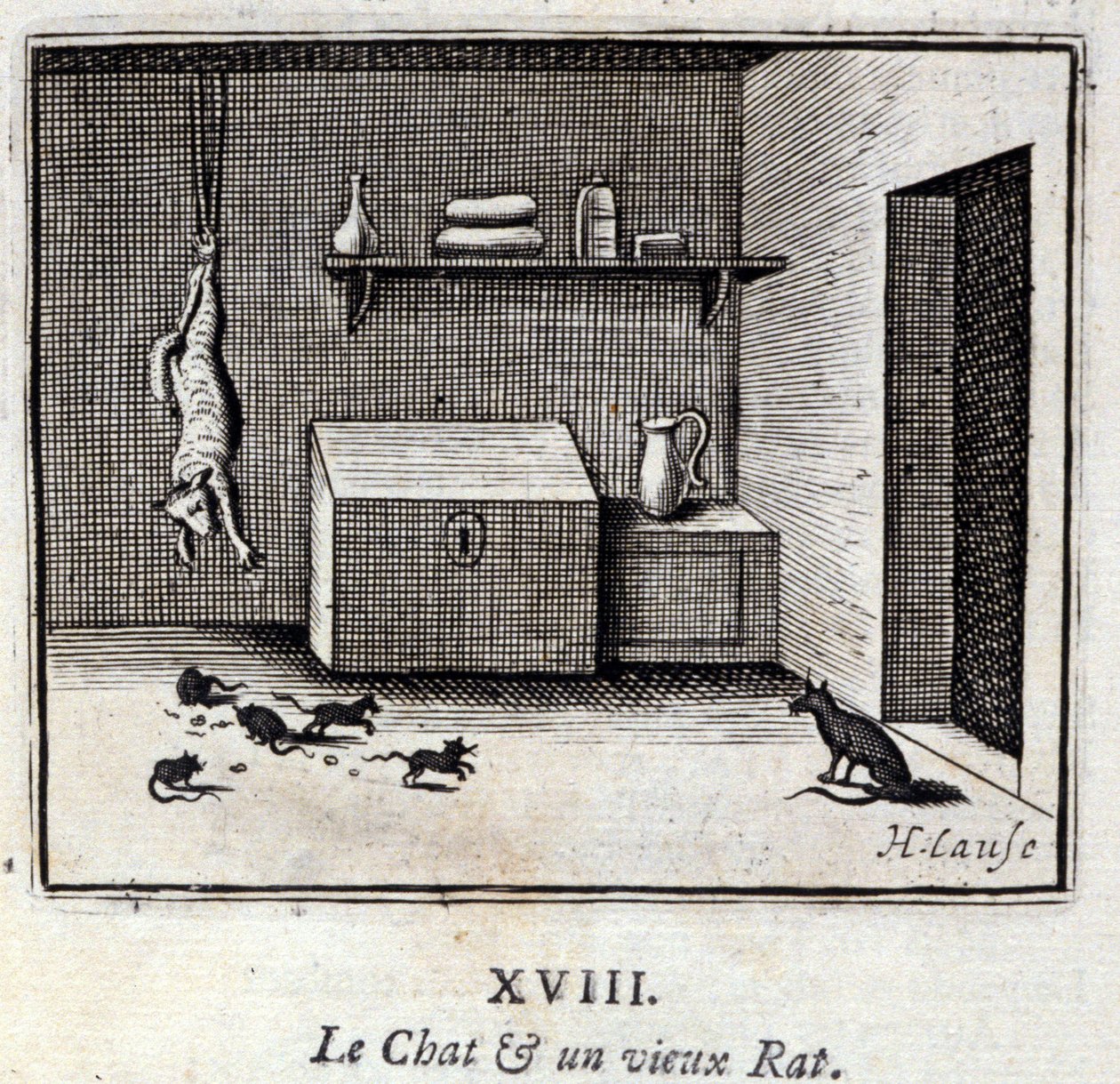 猫和一只老老鼠Jean de La Fontaine (1621-95)的寓言。插图：François Chauveau（1613-1676）。1728年的版本。 作者 弗朗索瓦·夏维