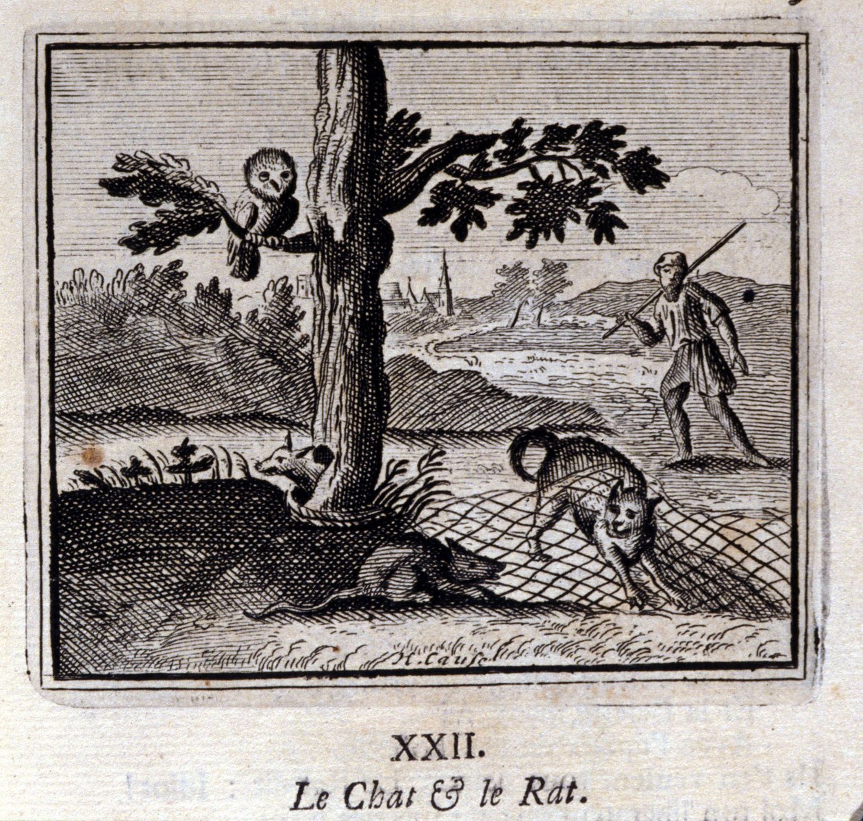 猫和老鼠》。Jean de La Fontaine (1621-95)的寓言。插图：François Chauveau（1613-1676）。1728年的版本。 作者 弗朗索瓦·夏维