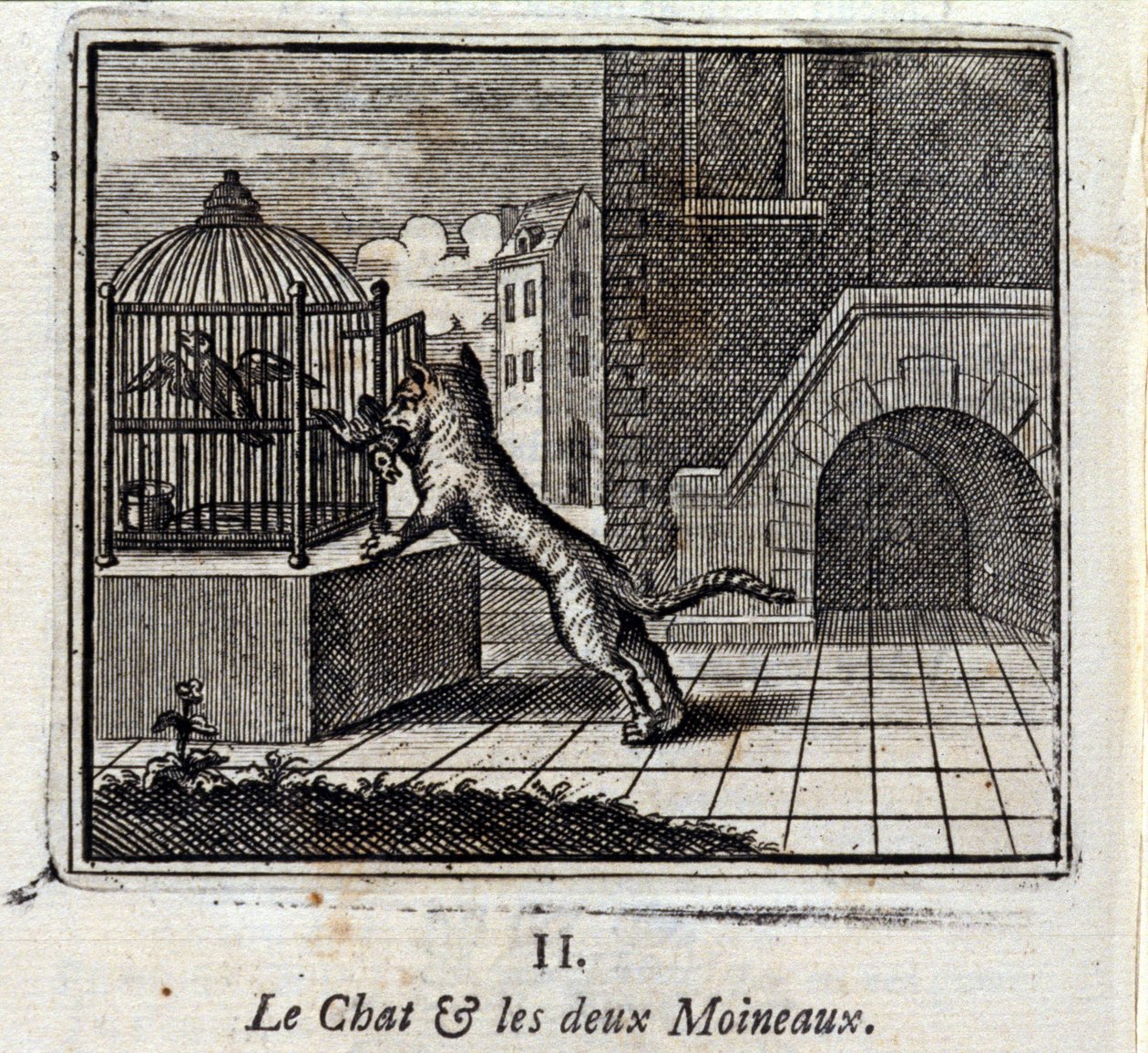 猫和两只麻雀》（The Cat and the Two Ssparrows）。Jean de La Fontaine (1621-95)的寓言。插图：François Chauveau（1613-1676）。1728年的版本。 作者 弗朗索瓦·夏维