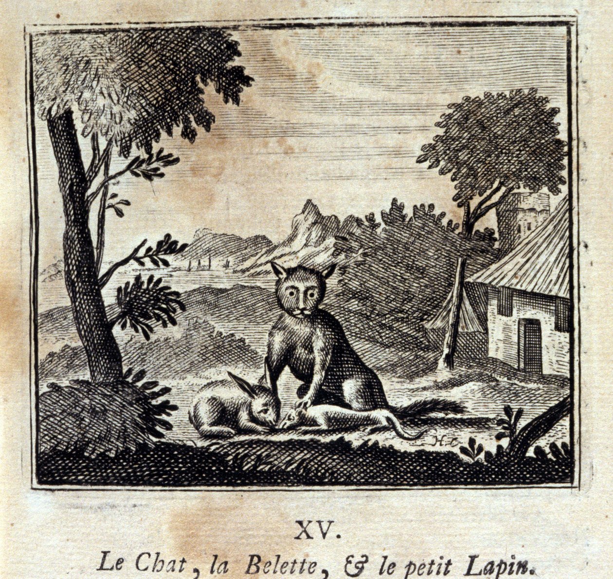 猫、黄鼠狼和小兔子。Jean de La Fontaine (1621-95)的寓言。插图：François Chauveau（1613-1676）。1728年的版本。 作者 弗朗索瓦·夏维