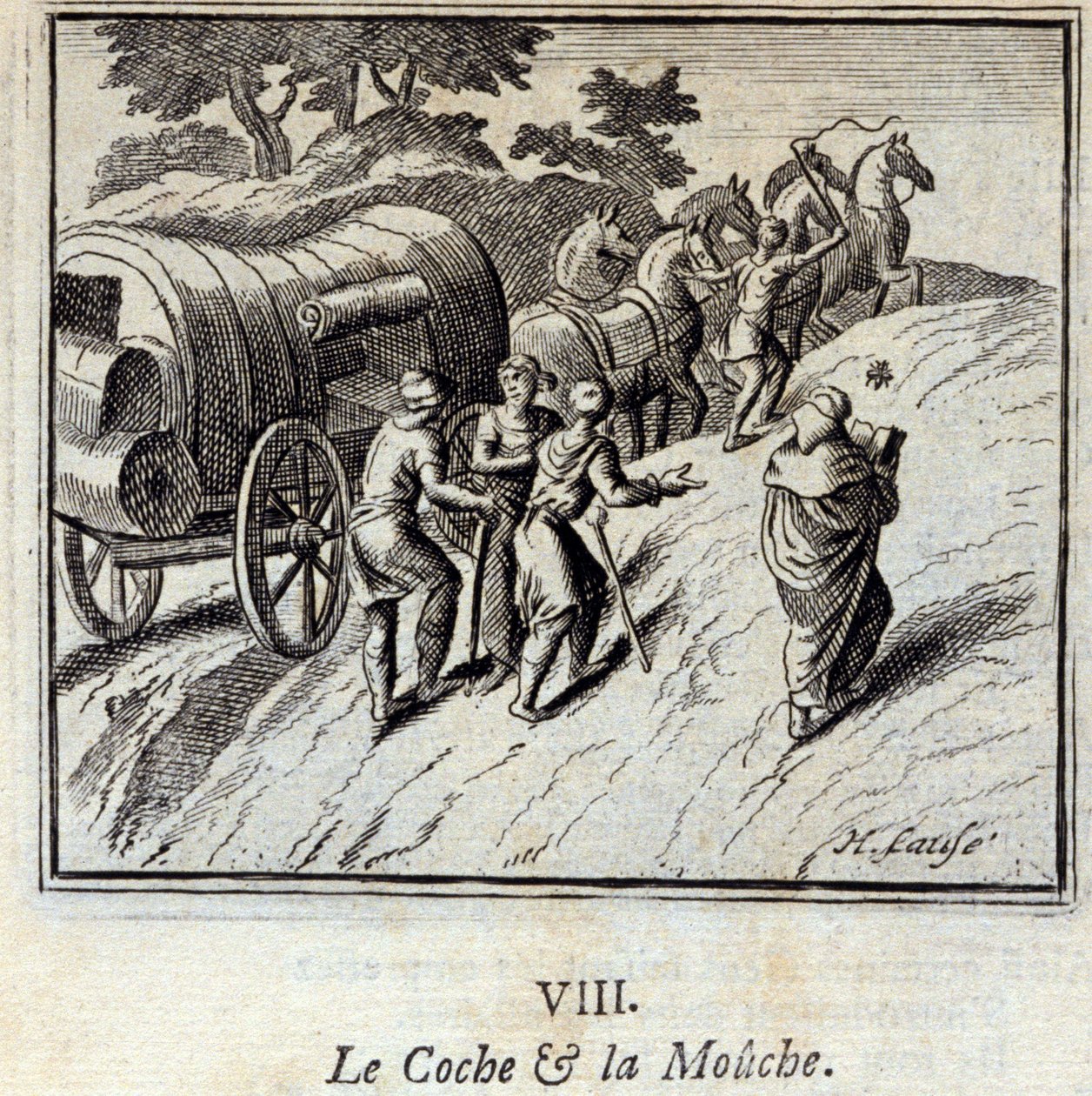科赫和苍蝇。Jean de La Fontaine (1621-95)的寓言。插图：François Chauveau（1613-1676）。1728年的版本。 作者 弗朗索瓦·夏维