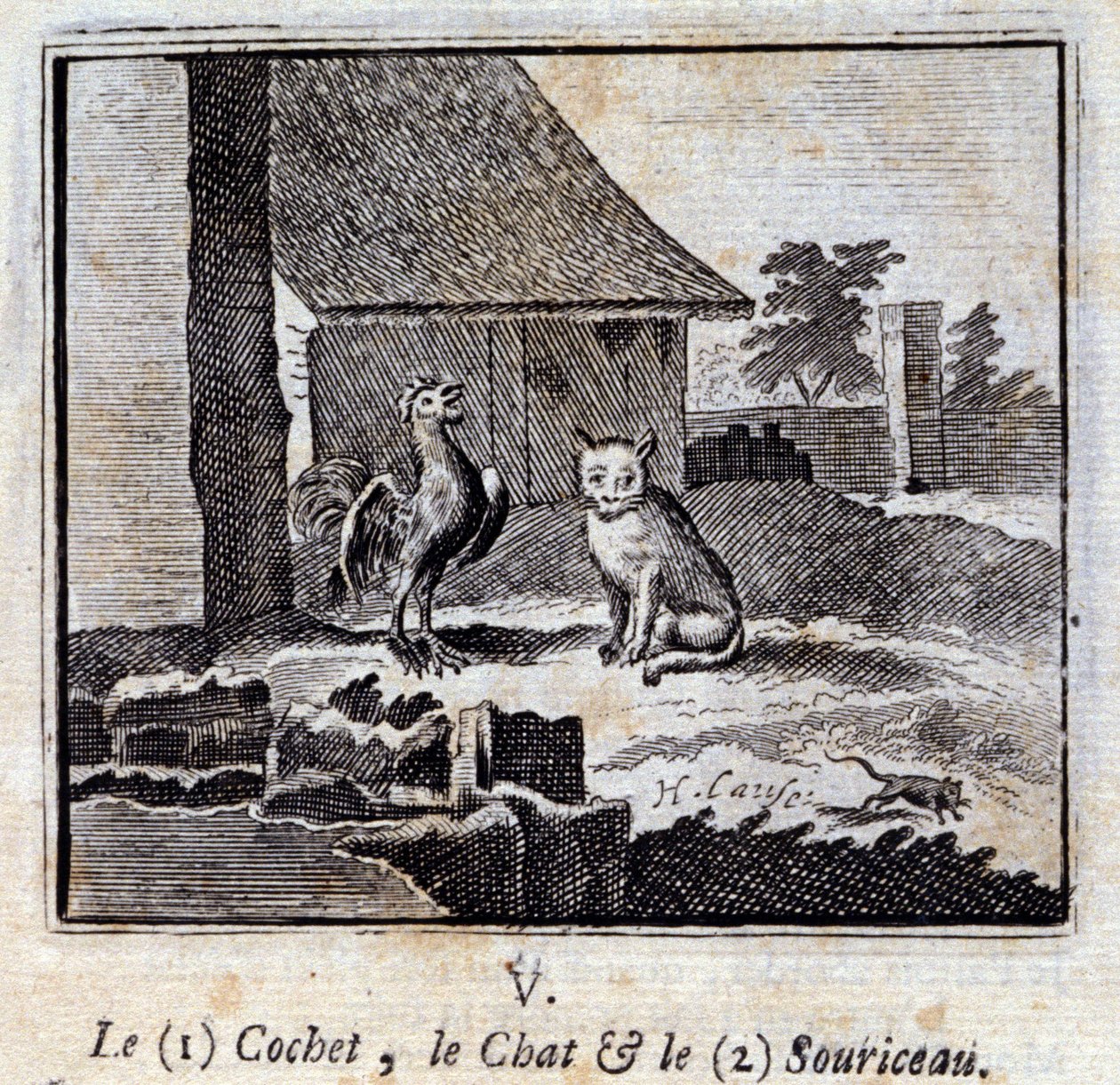 科克特、猫和老鼠。Jean de La Fontaine (1621-95)的寓言。插图：François Chauveau（1613-1676）。1728年的版本。 作者 弗朗索瓦·夏维