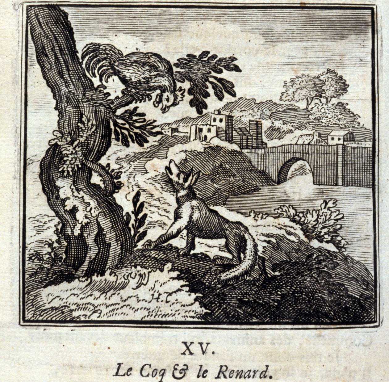 库克和狐狸。Jean de La Fontaine (1621-95)的寓言。插图由François Chauveau（1613-1676）绘制。1728年的版本。 作者 弗朗索瓦·夏维