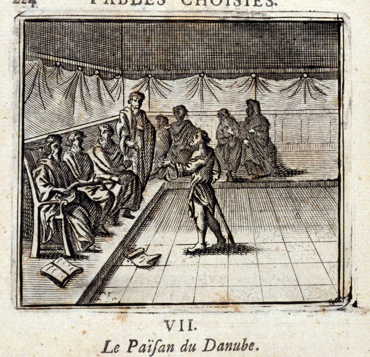 多瑙河农民。Jean de La Fontaine (1621-95)的寓言。插图：François Chauveau（1613-1676）。1728年的版本。 作者 弗朗索瓦·夏维