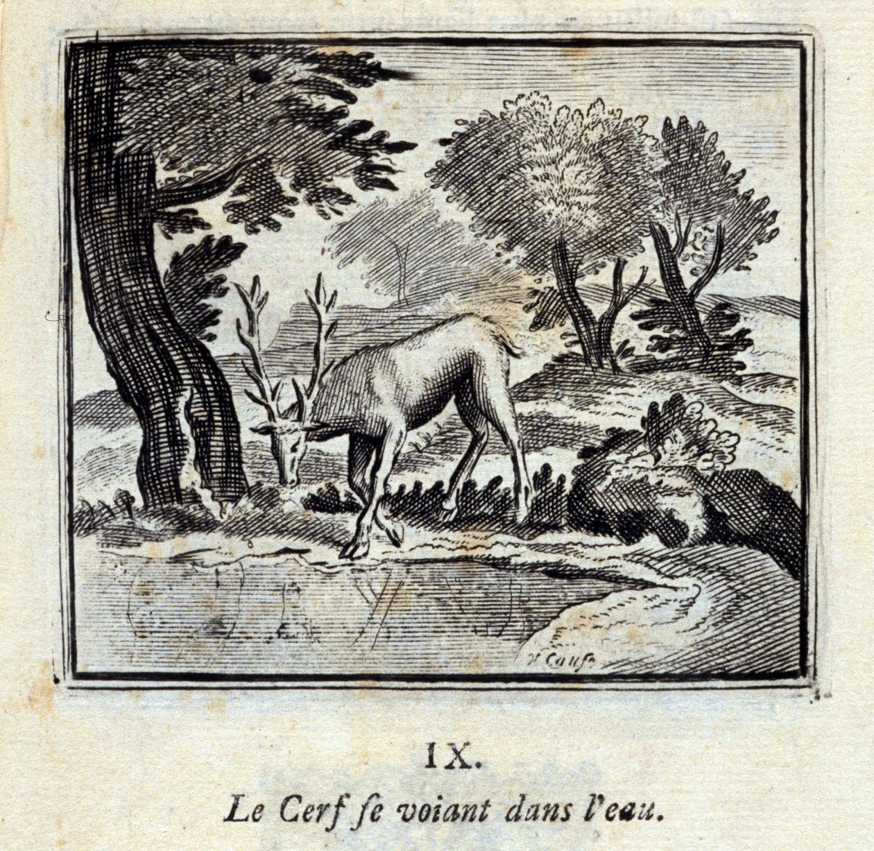鹿在水中看到自己。Jean de La Fontaine (1621-95)的寓言。插图：François Chauveau（1613-1676）。1728年的版本。 作者 弗朗索瓦·夏维
