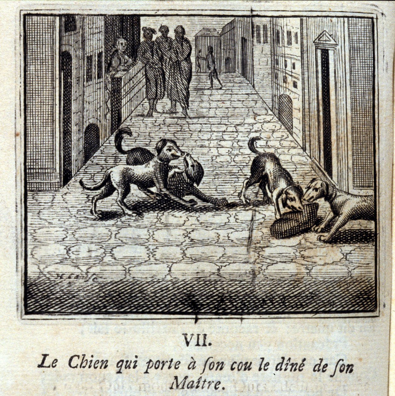 脖子上戴着主人的酒杯的狗。Jean de La Fontaine (1621-95)的寓言。插图：弗朗索瓦-肖沃（1613-1676）。1728年的版本。 作者 弗朗索瓦·夏维