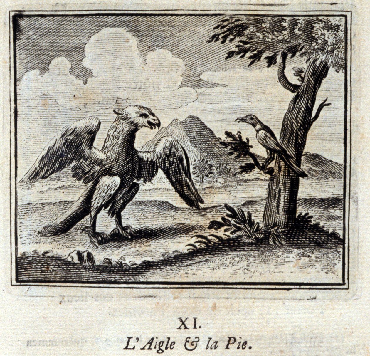 鹰和皮乌斯》。Jean de La Fontaine (1621-95)的寓言。插图：François Chauveau（1613-1676）。1728年的版本。 作者 弗朗索瓦·夏维