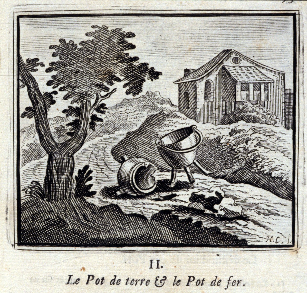 土锅和铁锅。Jean de La Fontaine (1621-95)的寓言。插图：François Chauveau（1613-1676）。1728年的版本。 作者 弗朗索瓦·夏维
