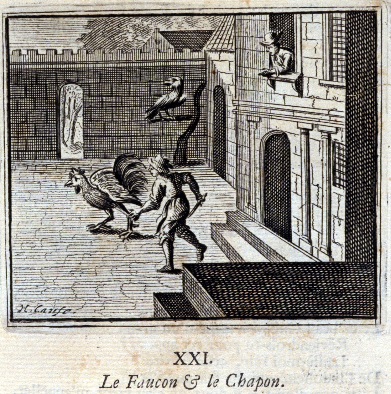 猎鹰和卡彭》。Jean de La Fontaine (1621-95)的寓言。插图：François Chauveau（1613-1676）。1728年的版本。 作者 弗朗索瓦·夏维