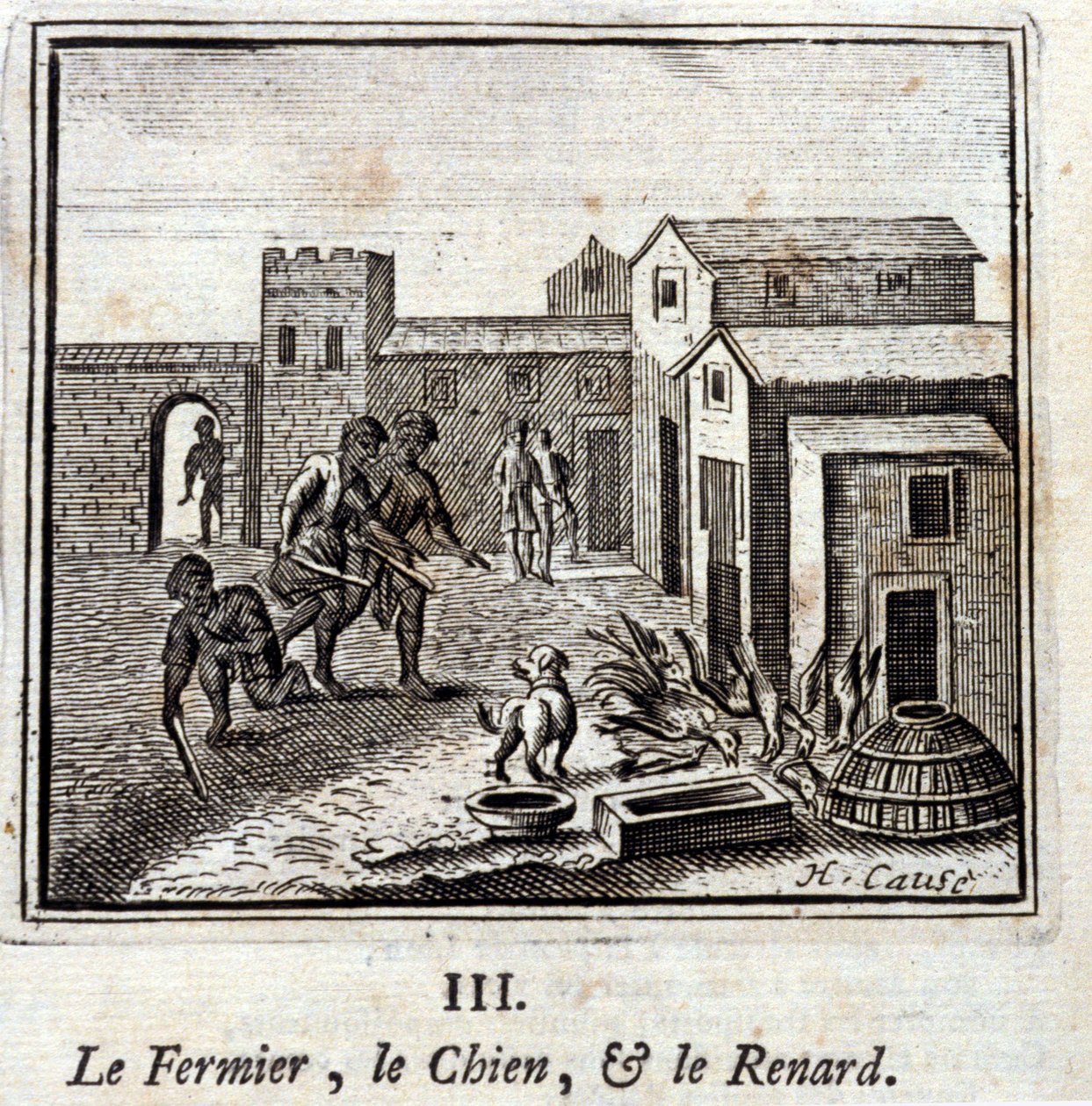 农夫、狗和狐狸。Jean de La Fontaine (1621-95)的寓言。插图：François Chauveau（1613-1676）。1728年的版本。 作者 弗朗索瓦·夏维