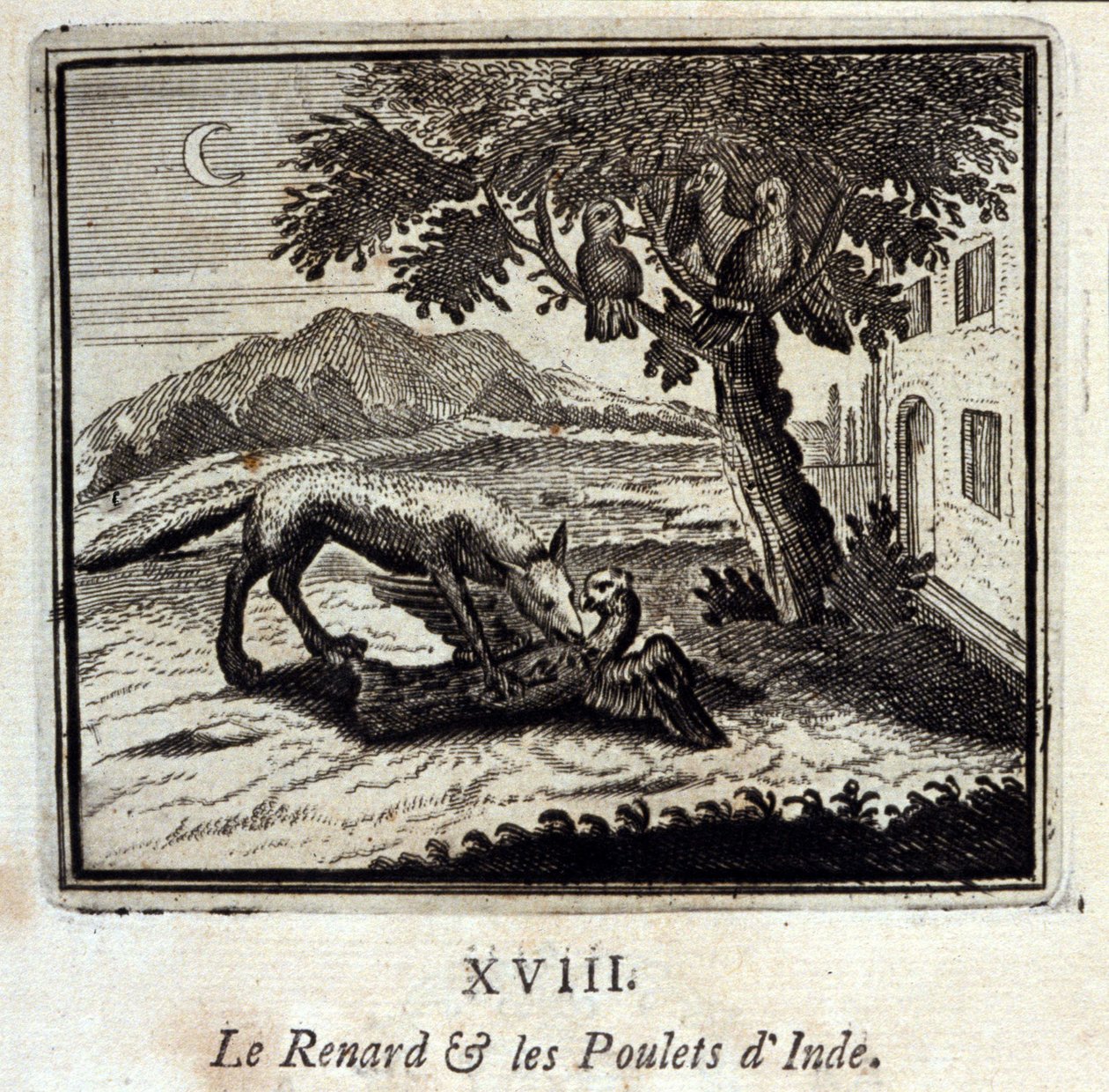 印度的狐狸和小鸡》。Jean de La Fontaine (1621-95)的寓言。插图：François Chauveau（1613-1676）。1728年的版本。 作者 弗朗索瓦·夏维