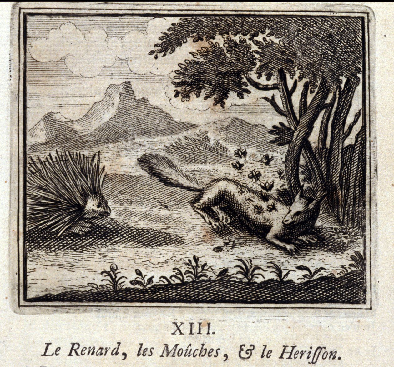 狐狸、苍蝇和希里森。Jean de La Fontaine (1621-95)的寓言。插图由François Chauveau（1613-1676）绘制。1728年的版本。 作者 弗朗索瓦·夏维