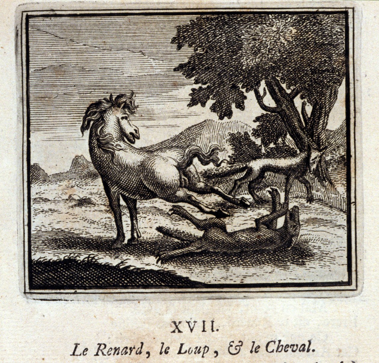 狐狸、狼和马。Jean de La Fontaine (1621-95)的寓言。插图由François Chauveau（1613-1676）绘制。1728年的版本。 作者 弗朗索瓦·夏维