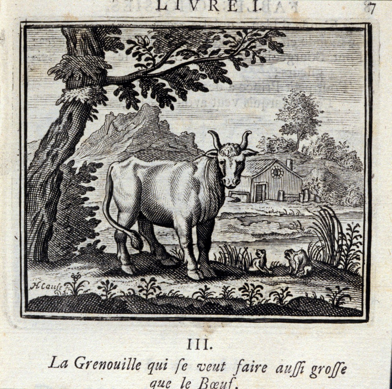 想和牛肉一样大的青蛙。Jean de La Fontaine (1621-95)的寓言。插图：弗朗索瓦-肖沃（1613-1676）。1728年的版本。 作者 弗朗索瓦·夏维