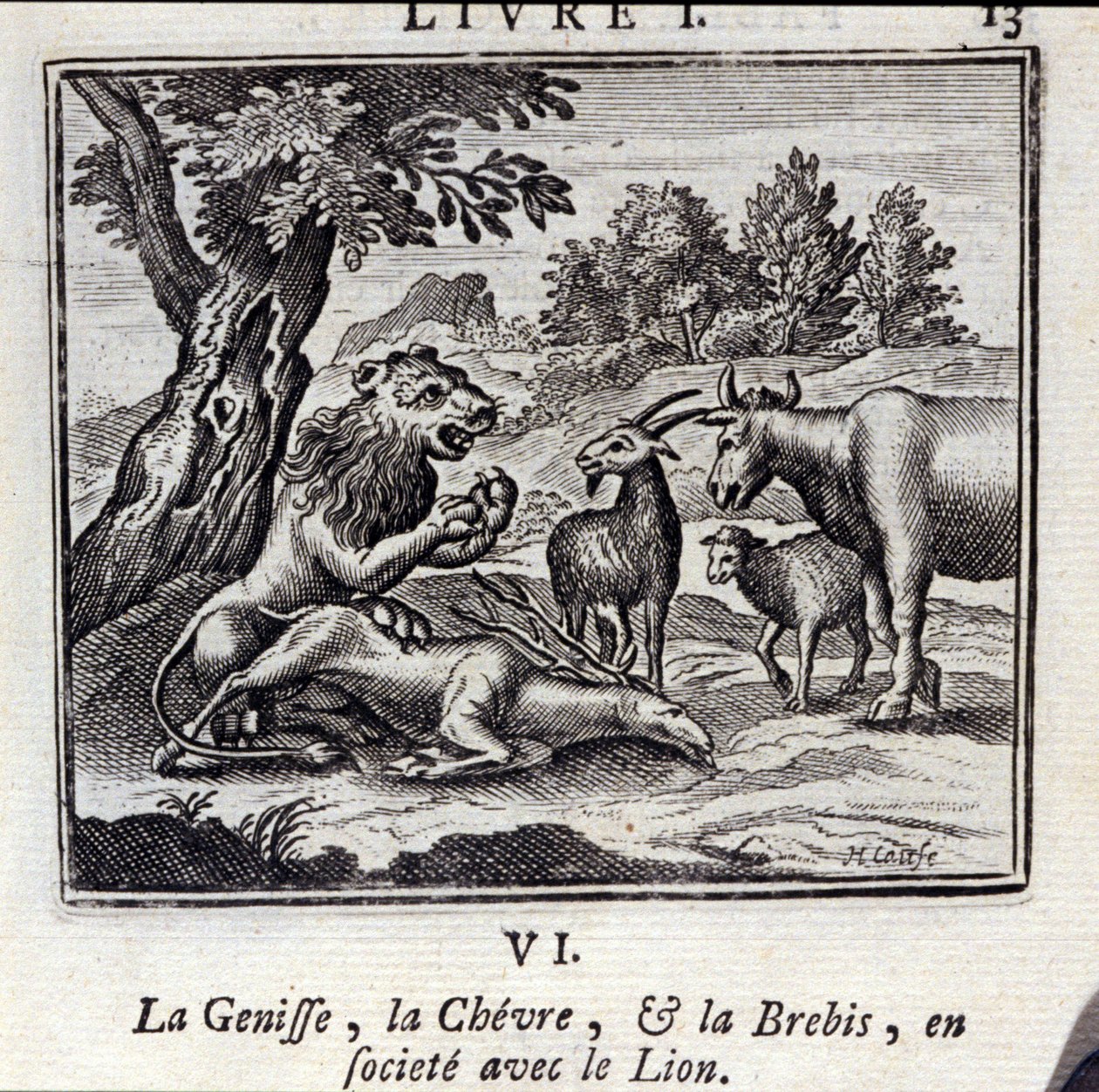 Genisse the Gove and the Sheep in society with the Lion.Jean de La Fontaine (1621-95)的寓言。插图：François Chauveau（1613-1676）。1728年的版本。 作者 弗朗索瓦·夏维