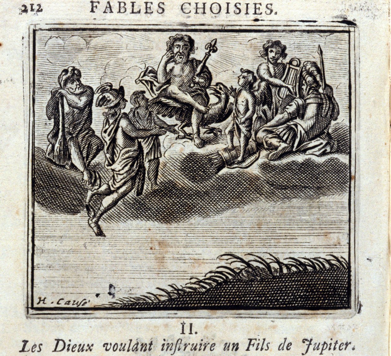 诸神想要教导朱庇特的儿子。Jean de La Fontaine (1621-95)的寓言。插图由François Chauveau（1613-1676）绘制。1728年的版本。 作者 弗朗索瓦·夏维