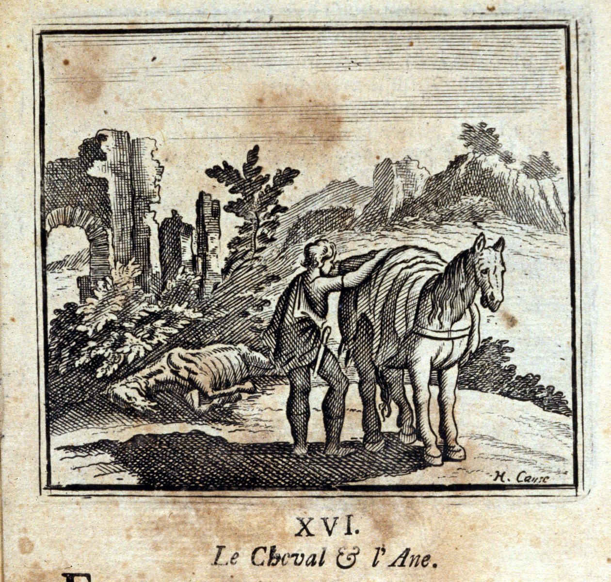 马和驴》。Jean de La Fontaine (1621-95)的寓言。插图：François Chauveau（1613-1676）。1728年的版本。 作者 弗朗索瓦·夏维