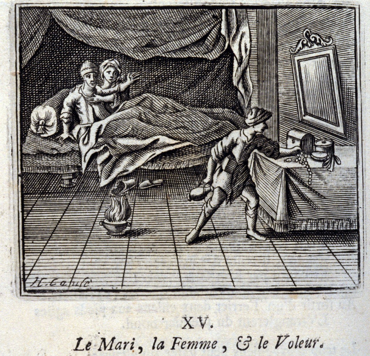丈夫、女人和小偷。Jean de La Fontaine (1621-95)的寓言。插图：François Chauveau（1613-1676）。1728年的版本。 作者 弗朗索瓦·夏维