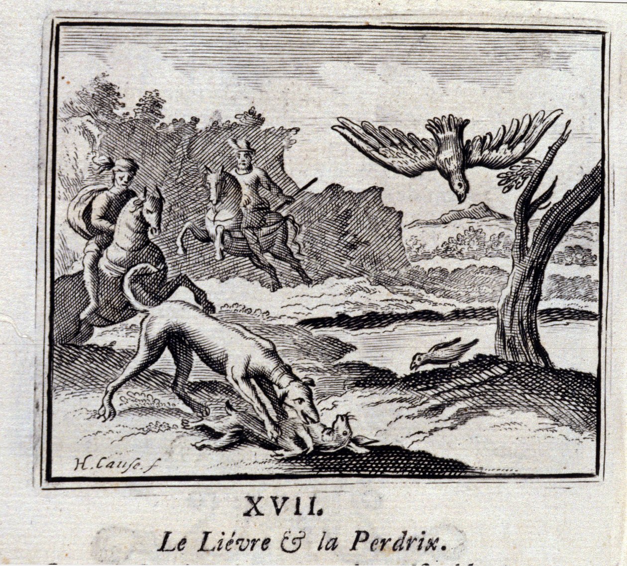 Lievre和Pardrix.Jean de La Fontaine（1621-95）的寓言。插图由弗朗索瓦-肖沃（1613-1676）绘制。1728年的版本。 作者 弗朗索瓦·夏维