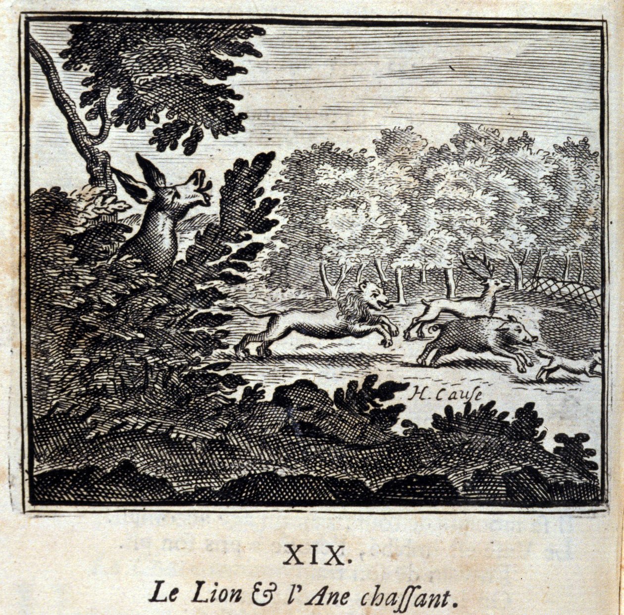 狮子和驴子的狩猎。Jean de La Fontaine (1621-95)的寓言。插图：François Chauveau（1613-1676）。1728年的版本。 作者 弗朗索瓦·夏维