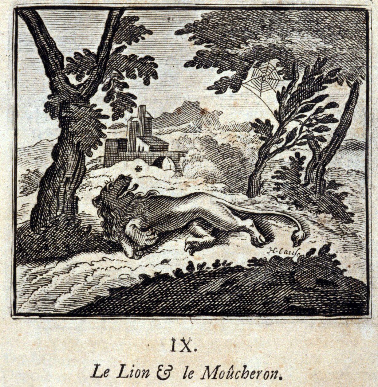 狮子和捕蝇草。Jean de La Fontaine (1621-95)的寓言。插图：François Chauveau（1613-1676）。1728年的版本。 作者 弗朗索瓦·夏维