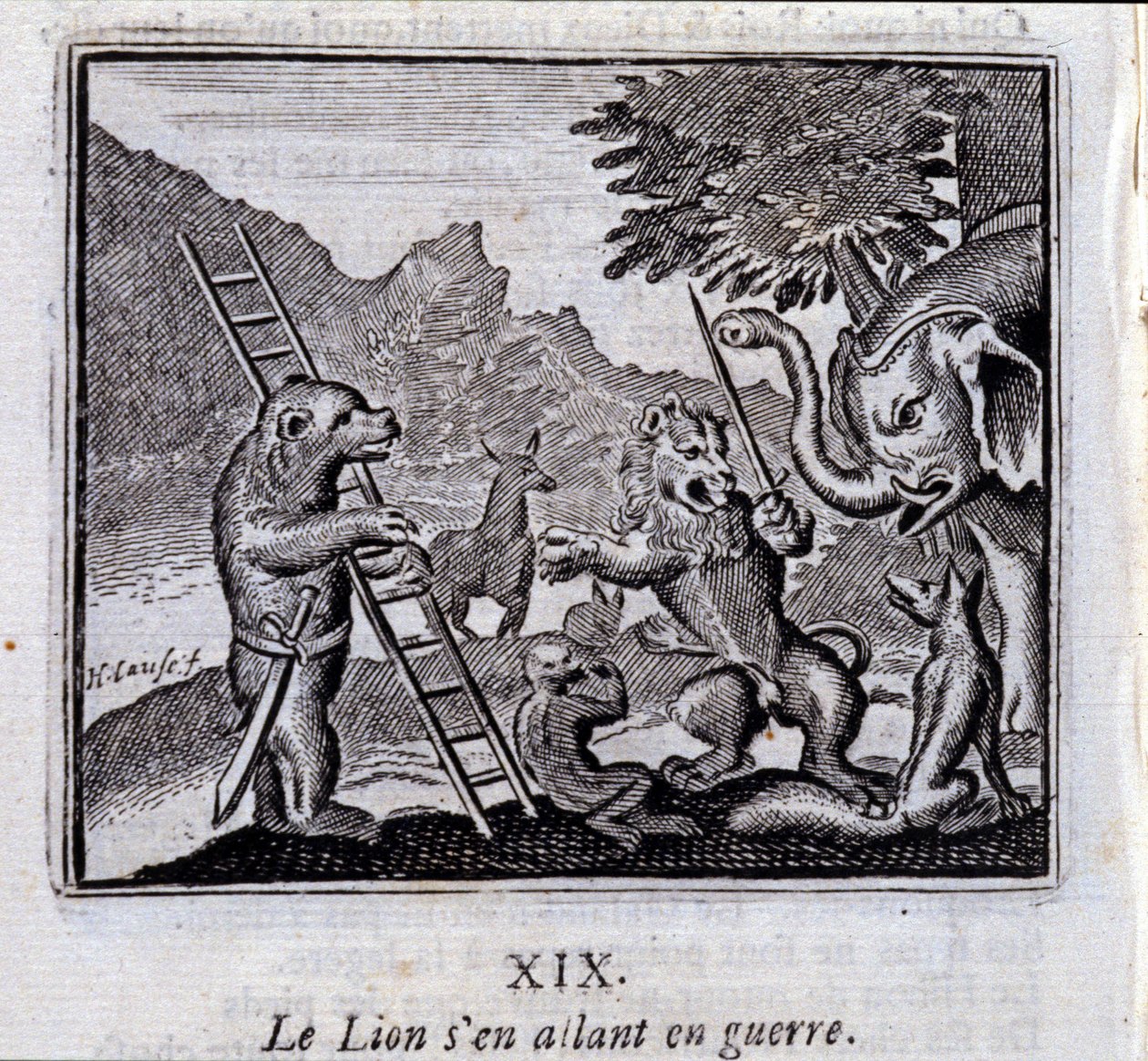 狮子出征Jean de La Fontaine (1621-95)的寓言。插图：François Chauveau（1613-1676）。1728年的版本。 作者 弗朗索瓦·夏维
