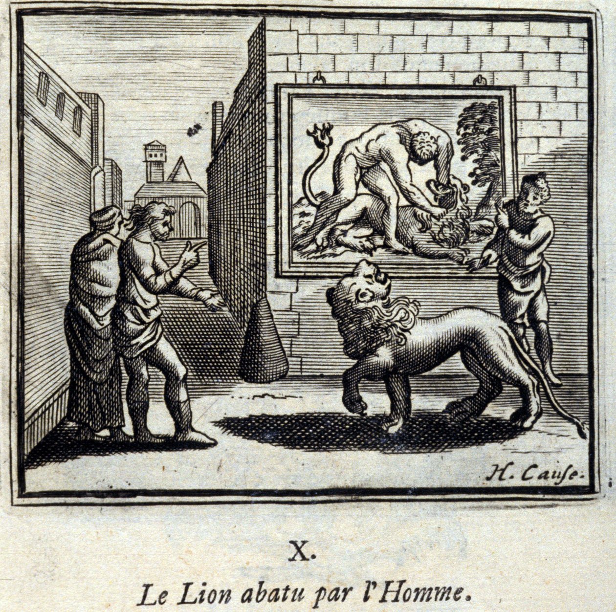 狮子被人击倒。Jean de La Fontaine (1621-95)的寓言。插图：François Chauveau（1613-1676）。1728年的版本。 作者 弗朗索瓦·夏维