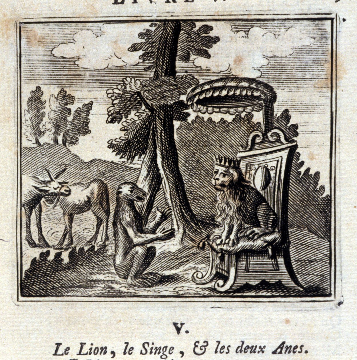 狮子、猴子和两只蚂蚁。让-德-拉封丹（1621-95）的寓言。插图：François Chauveau（1613-1676）。1728年的版本。 作者 弗朗索瓦·夏维