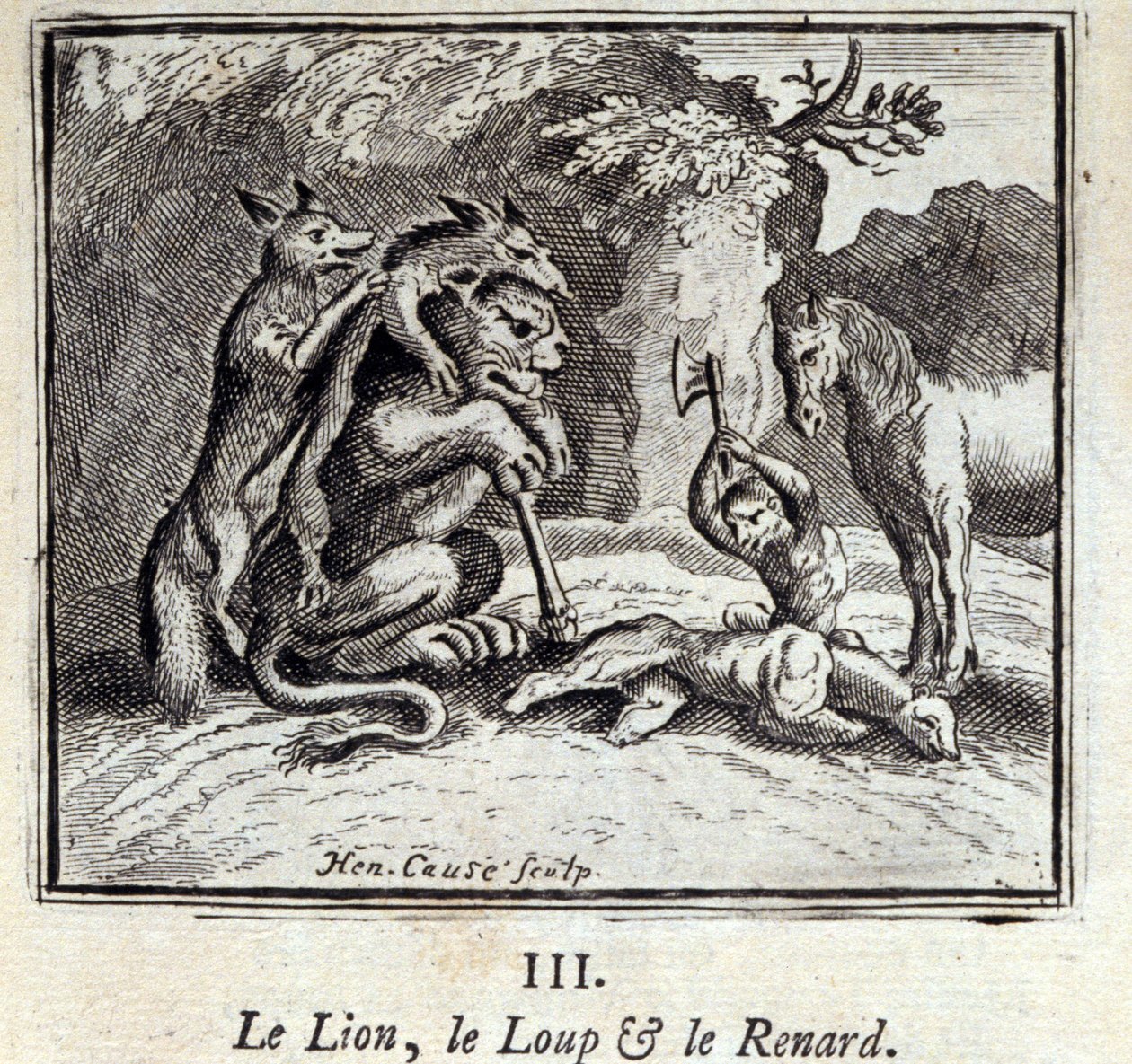 狮子、狼和狐狸。Jean de La Fontaine (1621-95)的寓言。插图：François Chauveau（1613-1676）。1728年的版本。 作者 弗朗索瓦·夏维