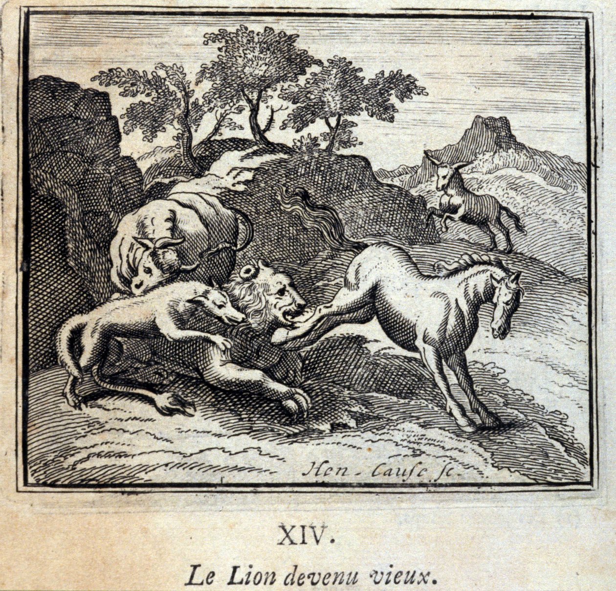 狮子变老了。Jean de La Fontaine (1621-95)的寓言。插图：François Chauveau（1613-1676）。1728年的版本。 作者 弗朗索瓦·夏维