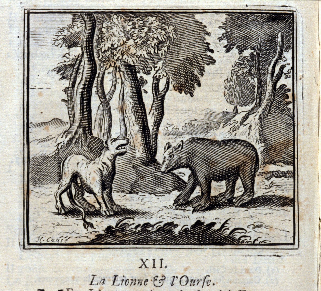 狮子女和熊》。Jean de La Fontaine (1621-95)的寓言。插图：François Chauveau（1613-1676）。1728年的版本。 作者 弗朗索瓦·夏维