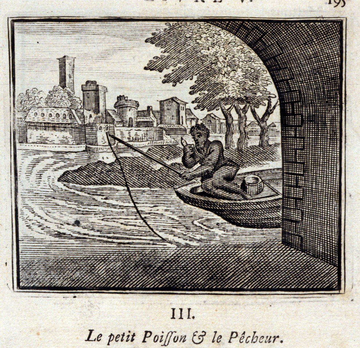小鱼和渔夫》。Jean de La Fontaine (1621-95)的寓言。插图：François Chauveau（1613-1676）。1728年的版本。 作者 弗朗索瓦·夏维
