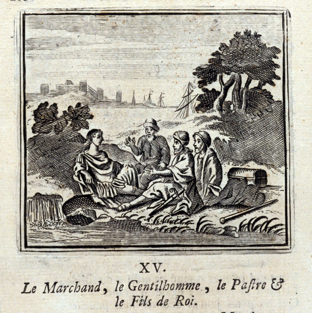 商人、绅士、帕特拉和国王的儿子。Jean de La Fontaine (1621-95)的寓言。插图：François Chauveau（1613-1676）。1728年的版本。 作者 弗朗索瓦·夏维