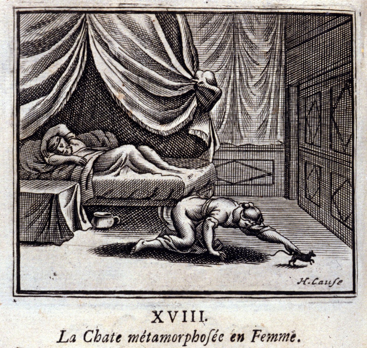 蜕变的猫在女人身上。Jean de La Fontaine (1621-95)的寓言。插图：François Chauveau（1613-1676）。1728年的版本。 作者 弗朗索瓦·夏维