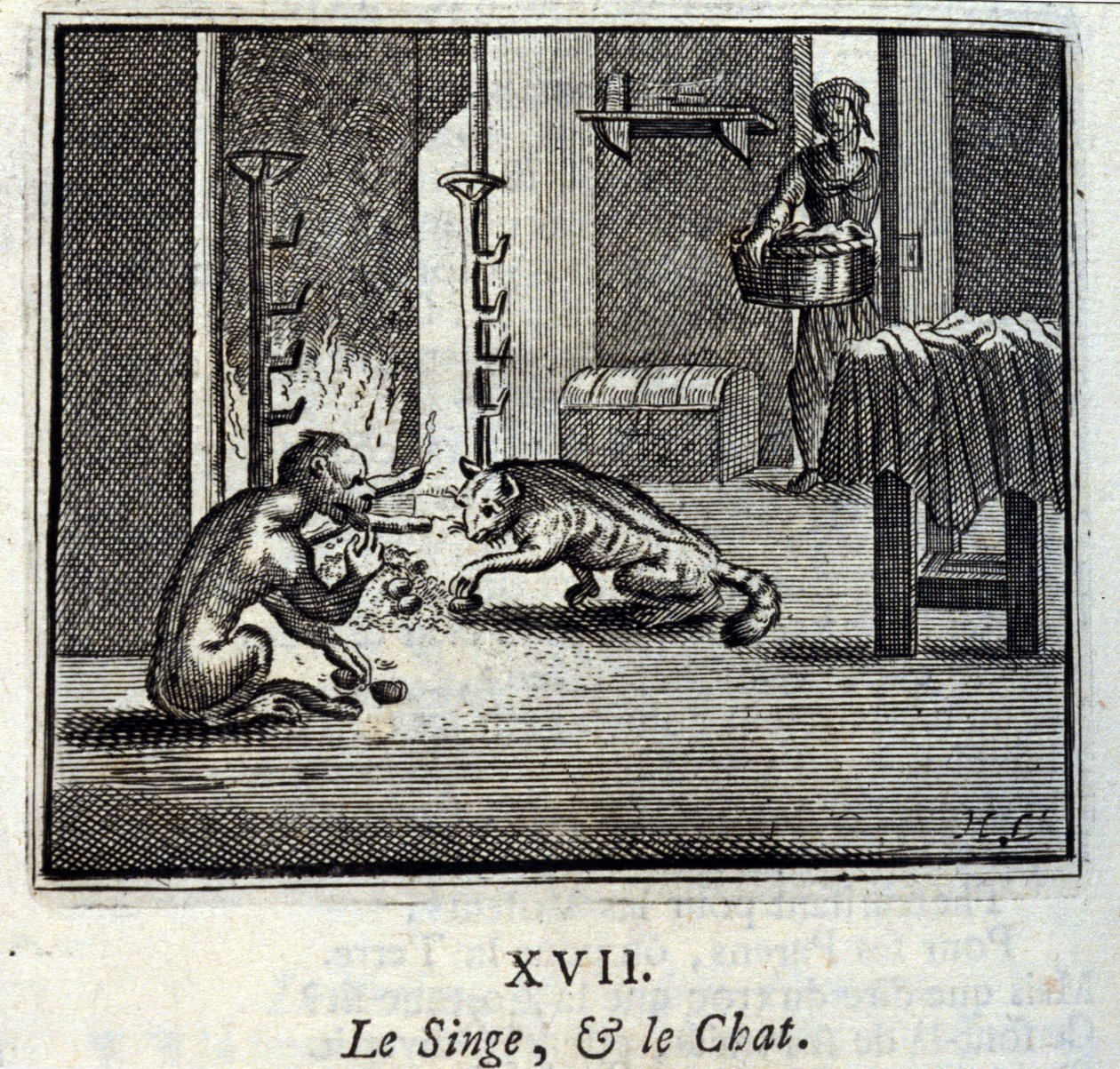 猴子和猫》。Jean de La Fontaine (1621-95)的寓言。插图：François Chauveau（1613-1676）。1728年的版本。 作者 弗朗索瓦·夏维
