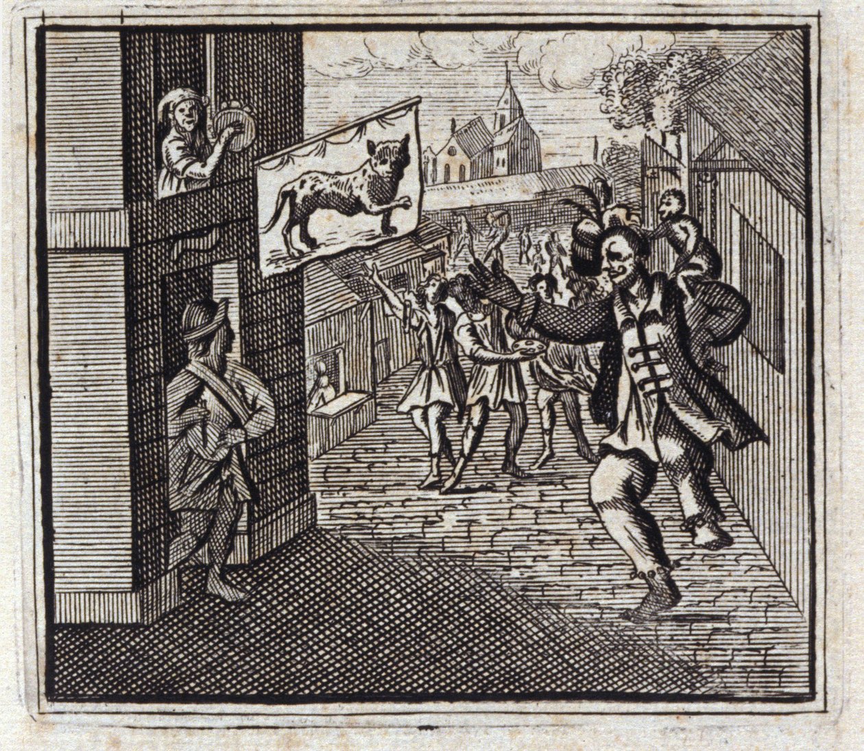 猴子和豹子。Jean de La Fontaine (1621-95)的寓言。插图：François Chauveau（1613-1676）。1728年的版本。 作者 弗朗索瓦·夏维
