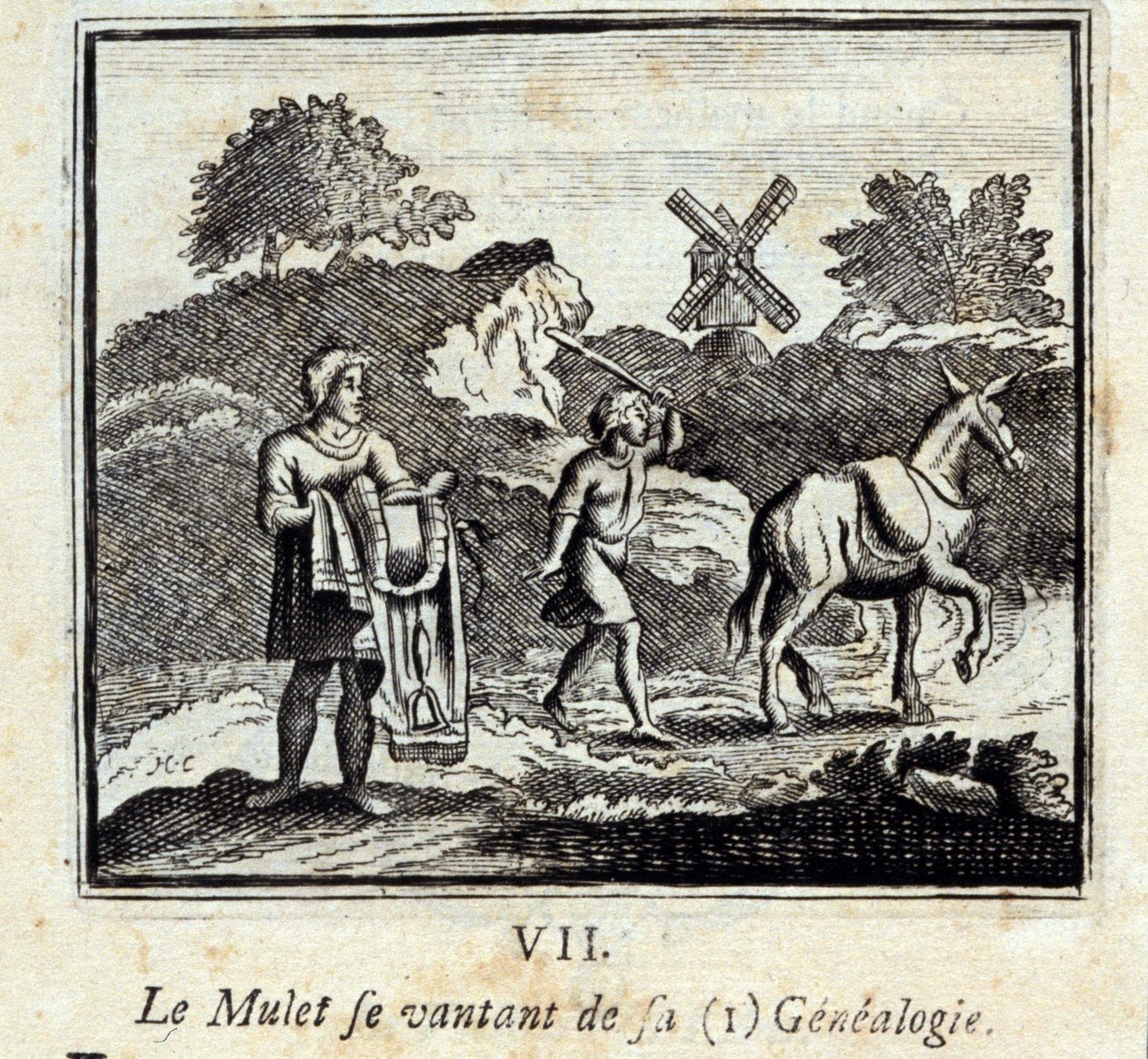 吹嘘自己家谱的木鱼。Jean de La Fontaine (1621-95)的寓言。插图由François Chauveau（1613-1676）绘制。1728年的版本。 作者 弗朗索瓦·夏维