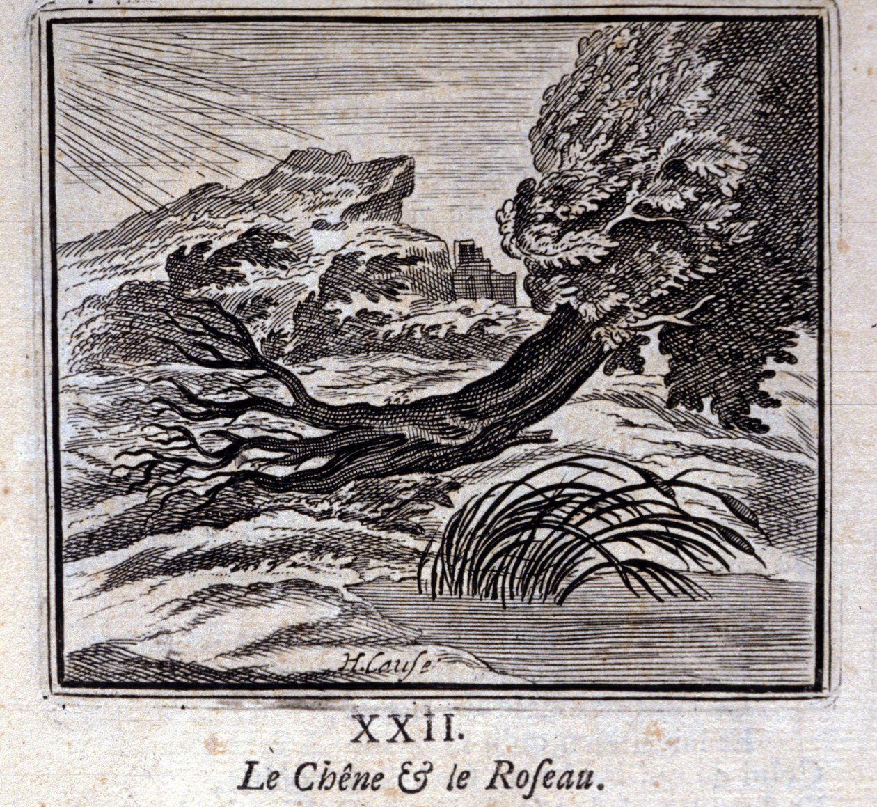 橡树和芦苇。Jean de La Fontaine (1621-95)的寓言。插图：François Chauveau（1613-1676）。1728年的版本。 作者 弗朗索瓦·夏维