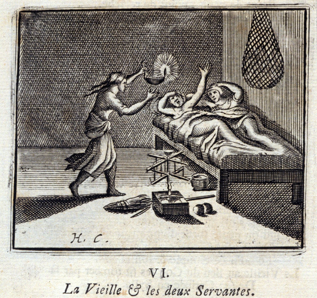 老太太和两个仆人。Jean de La Fontaine (1621-95)的寓言。插图：François Chauveau（1613-1676）。1728年的版本。 作者 弗朗索瓦·夏维