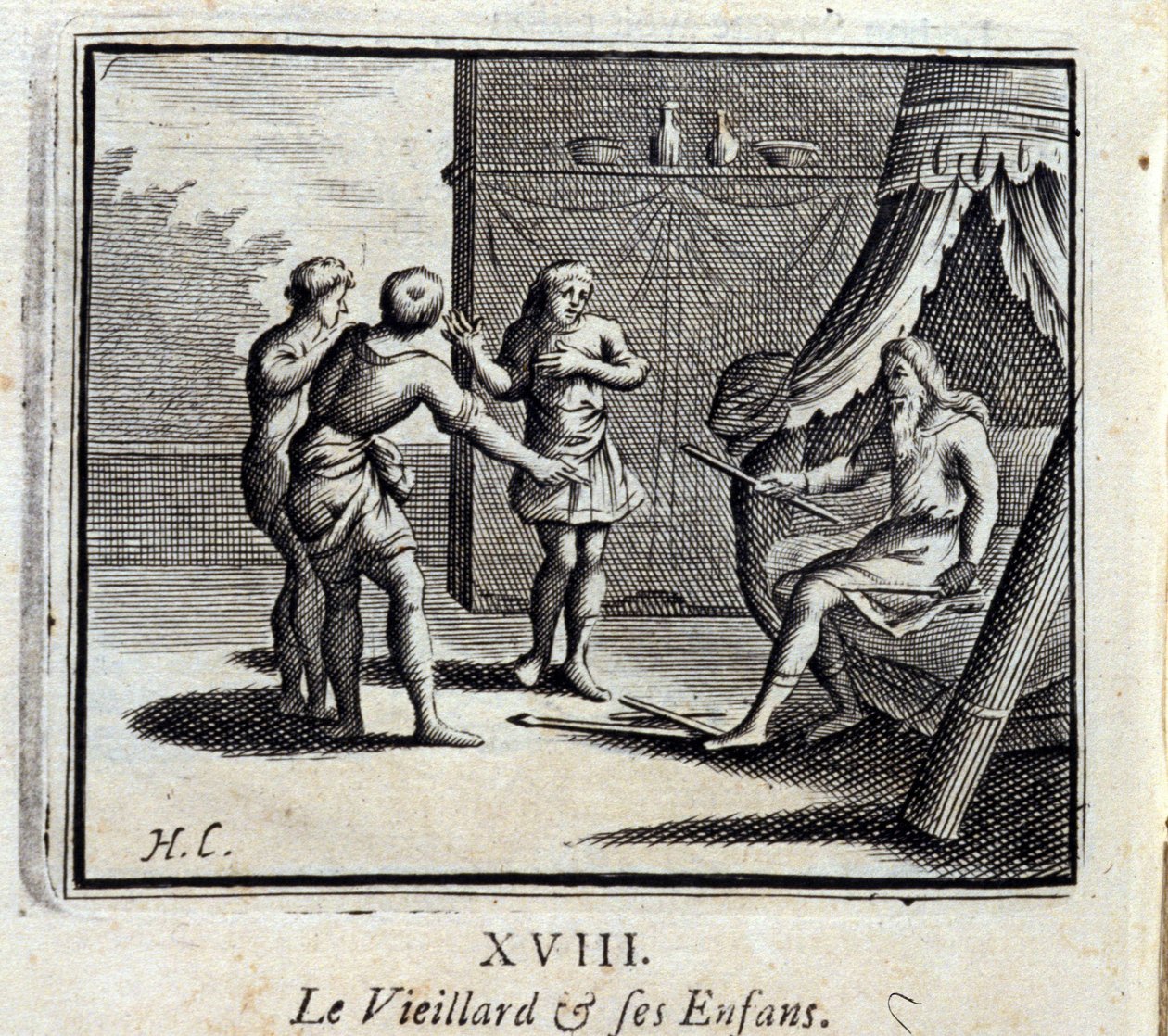 老人和他的孩子。Jean de La Fontaine (1621-95)的寓言。插图：François Chauveau（1613-1676）。1728年的版本。 作者 弗朗索瓦·夏维