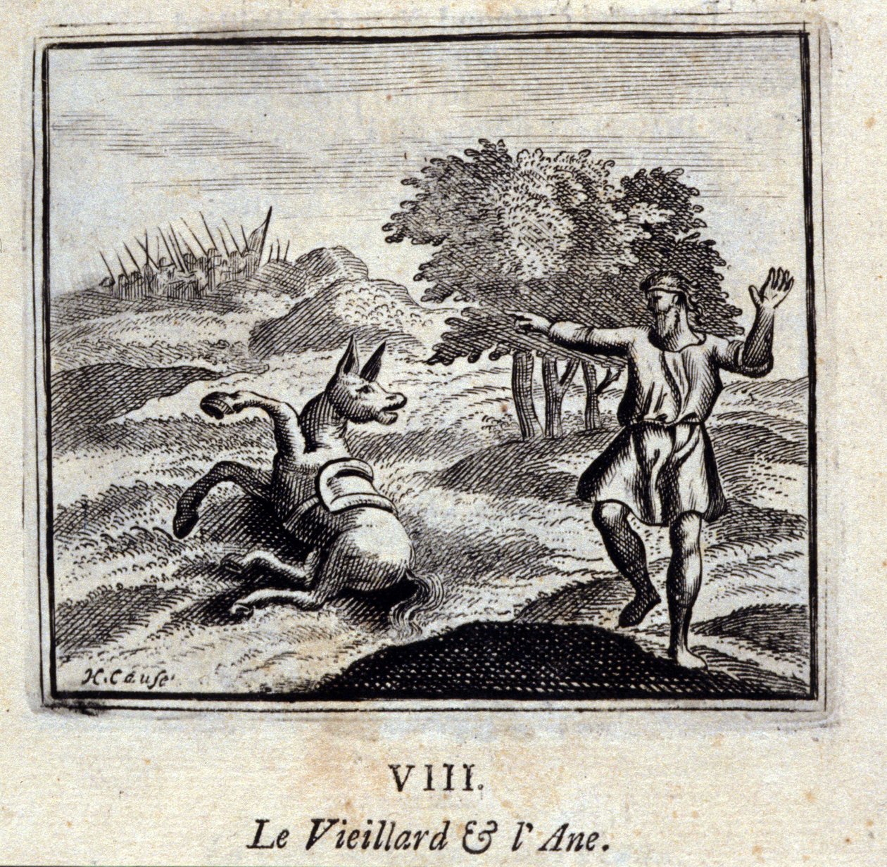 老人和驴子》。Jean de La Fontaine (1621-95)的寓言。插图：François Chauveau（1613-1676）。1728年的版本。 作者 弗朗索瓦·夏维