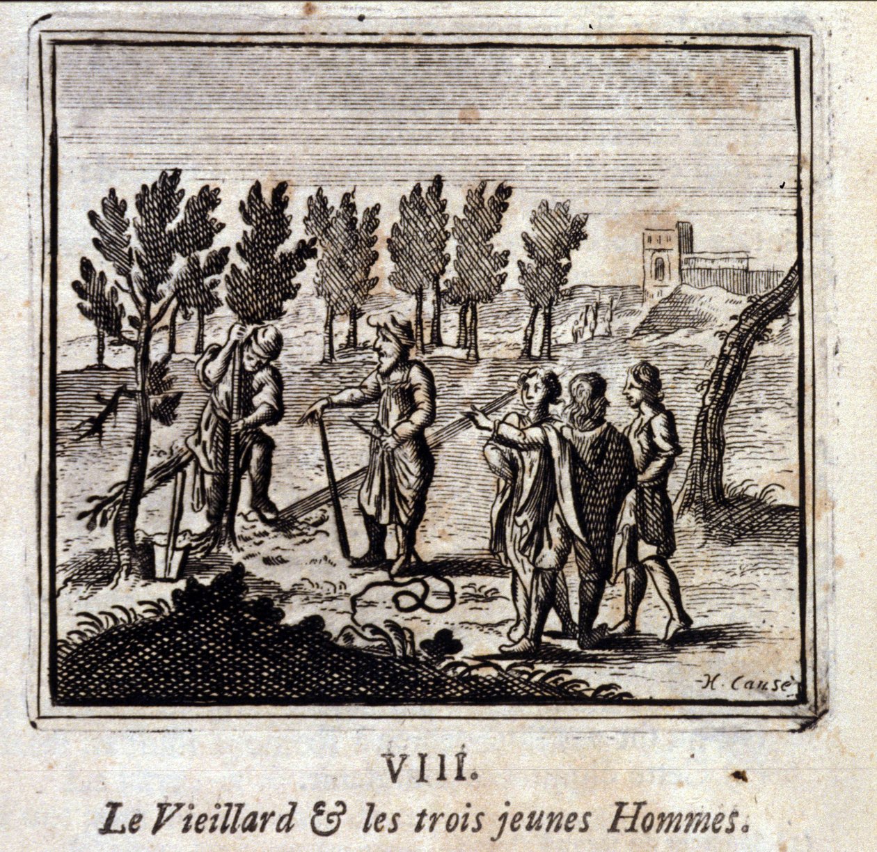 老人和三个年轻人。Jean de La Fontaine (1621-95)的寓言。插图：François Chauveau（1613-1676）。1728年的版本。 作者 弗朗索瓦·夏维