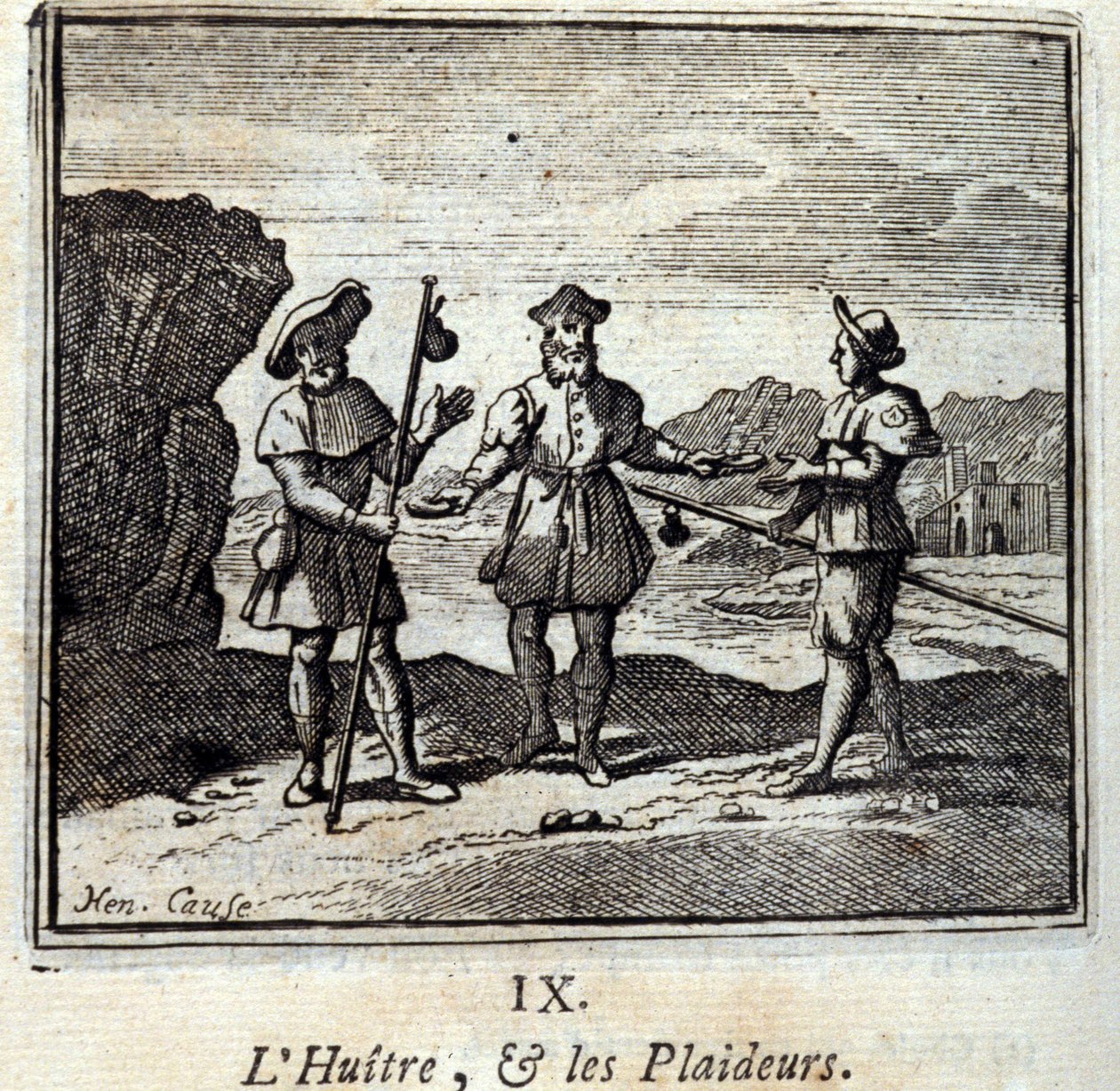 牡蛎和诉讼者。Jean de La Fontaine (1621-95)的寓言。插图：François Chauveau（1613-1676）。1728年的版本。 作者 弗朗索瓦·夏维