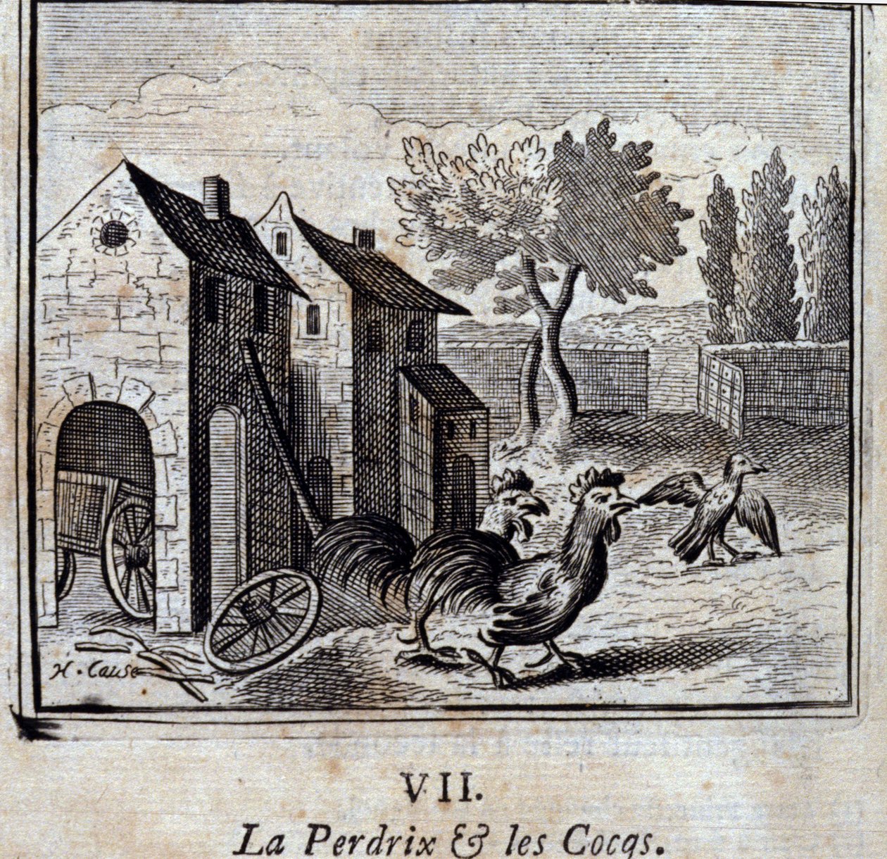 鹧鸪和公鸡》。Jean de La Fontaine (1621-95)的寓言。插图：François Chauveau（1613-1676）。1728年的版本。 作者 弗朗索瓦·夏维