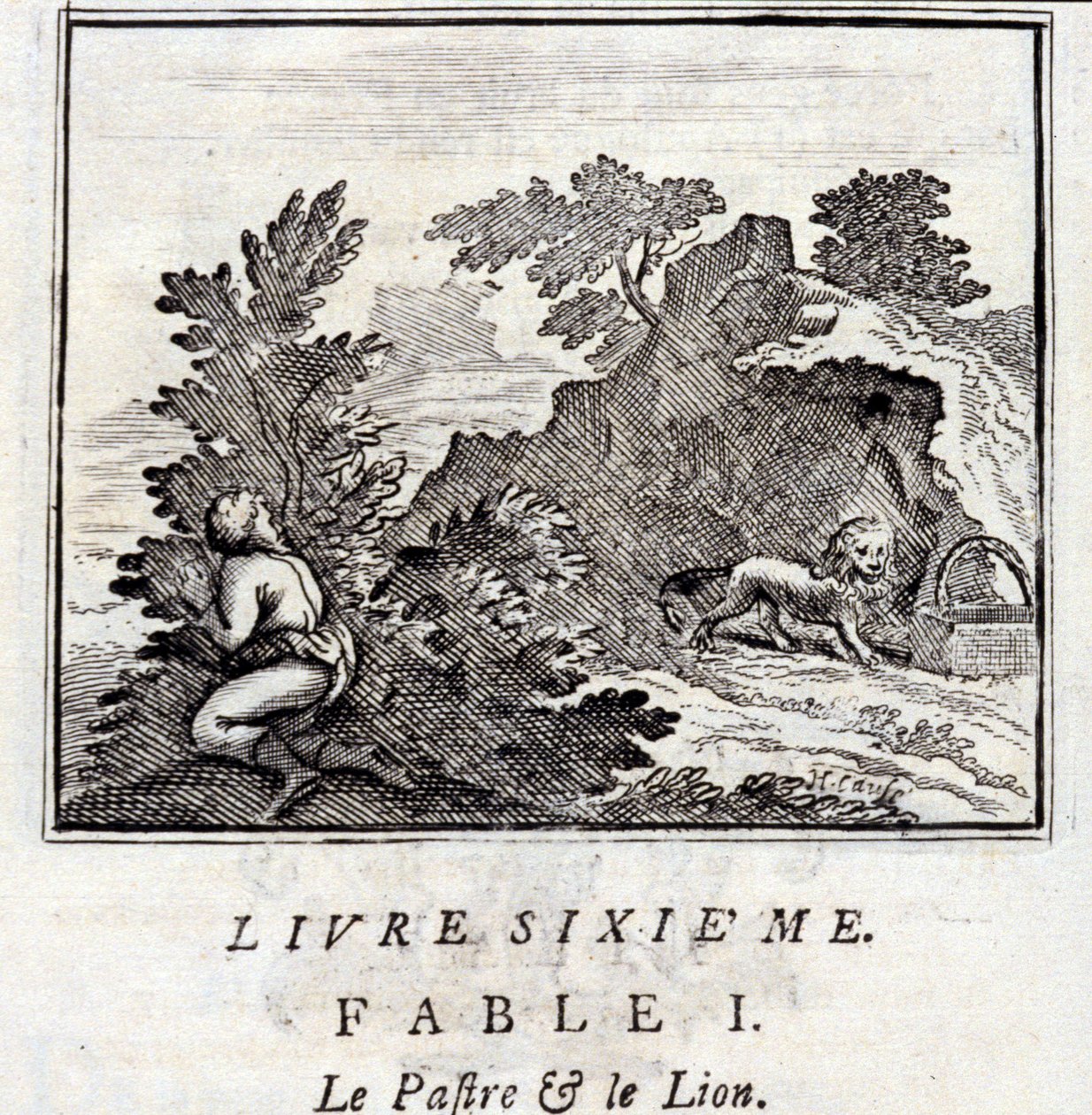 帕特拉和狮子》。Jean de La Fontaine (1621-95)的寓言。插图：François Chauveau（1613-1676）。1728年的版本。 作者 弗朗索瓦·夏维