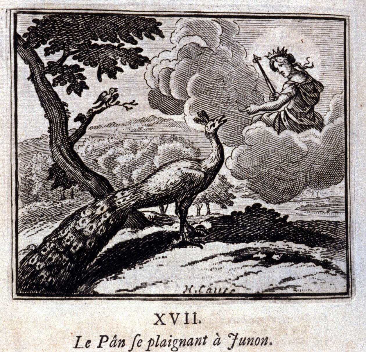 孔雀向朱农抱怨。Jean de La Fontaine (1621-95)的寓言。插图：François Chauveau（1613-1676）。1728年的版本。 作者 弗朗索瓦·夏维