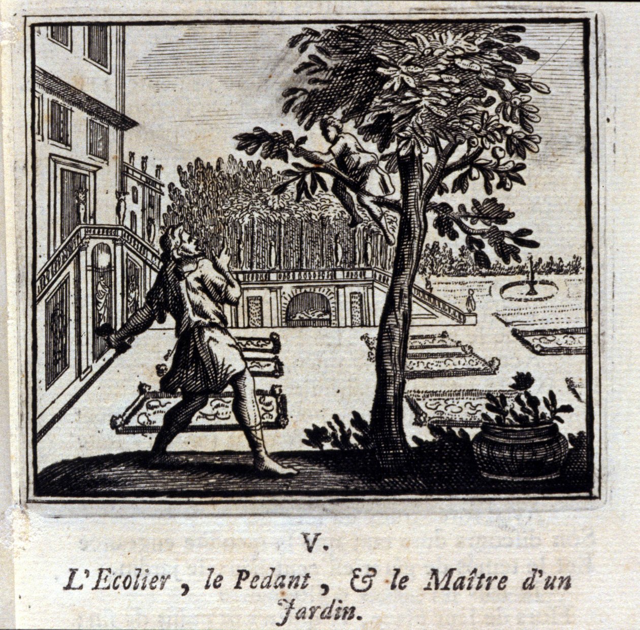 执教学校和花园的主人。Jean de La Fontaine (1621-95)的寓言。插图：François Chauveau（1613-1676）。1728年的版本。 作者 弗朗索瓦·夏维